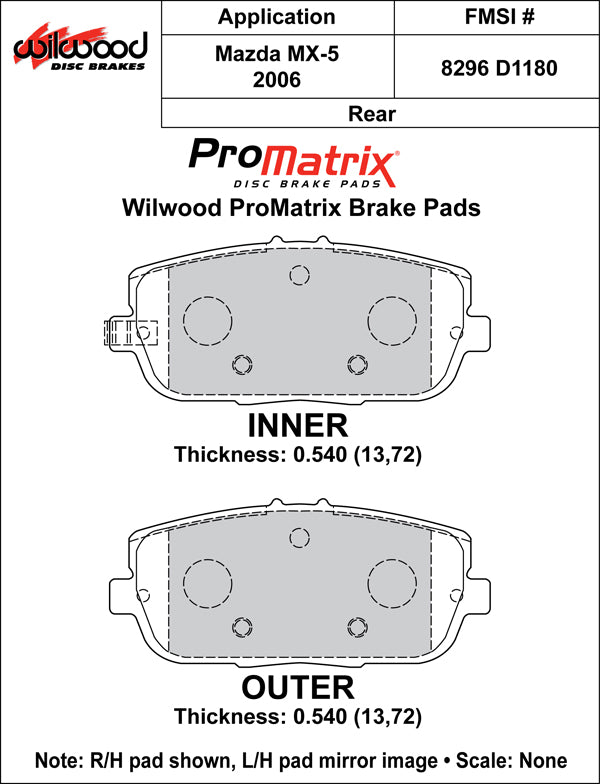 Promatrix Rear Brake Pad Set for NC Mazda MX5 Miata by Wilwood
