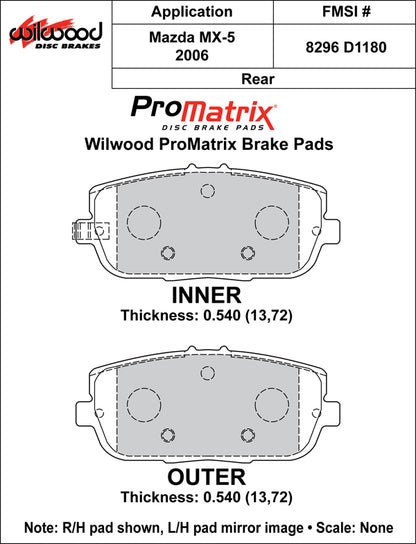 Promatrix Rear Brake Pad Set for NC Mazda MX5 Miata by Wilwood