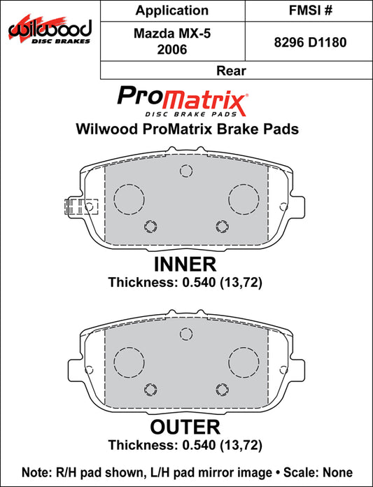 Promatrix Rear Brake Pad Set for NC Mazda MX5 Miata by Wilwood