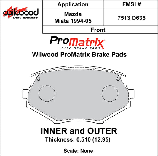 Promatrix Front Brake Pad Set for NA8 & NB Mazda MX5 Miata by Wilwood
