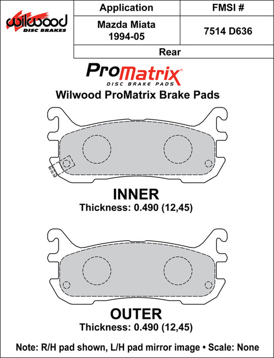 Promatrix Rear Brake Pad Set for NA8 & NB Mazda MX5 Miata by Wilwood